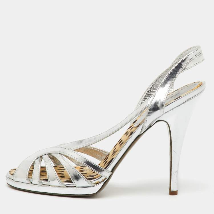 Pre Owned Roberto Cavalli Silver Metallic Leather Strappy Slingback Sandals Size 40