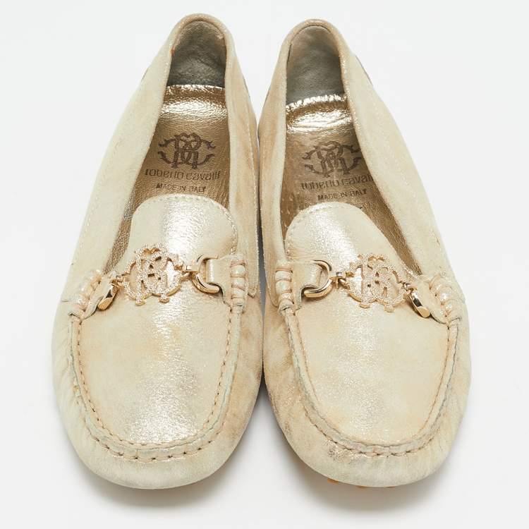 Pre Owned Roberto Cavalli Gold Suede Slip On Loafers Size 37