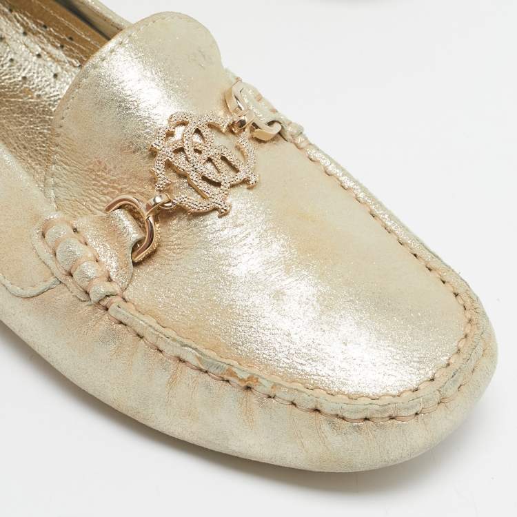 Pre Owned Roberto Cavalli Gold Suede Slip On Loafers Size 37