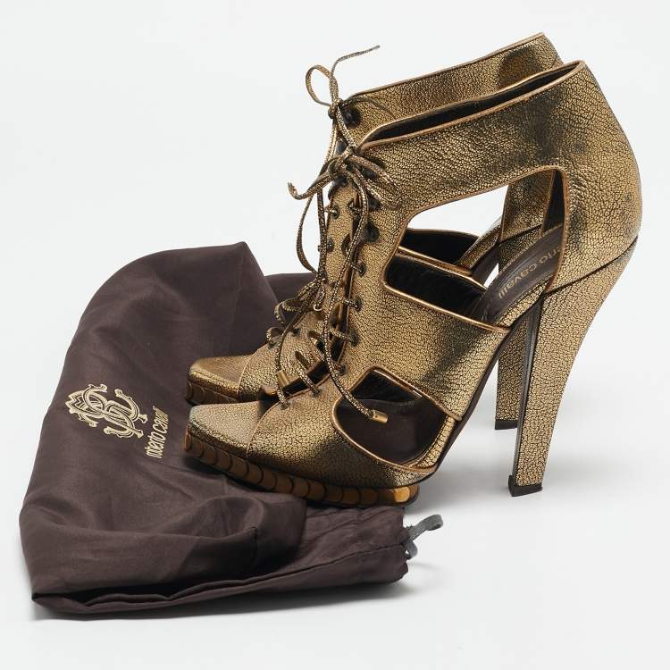 Pre Owned Roberto Cavalli Gold Leather Cut Out Lace Up Booties Size 39