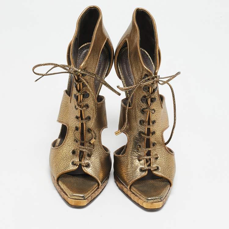 Pre Owned Roberto Cavalli Gold Leather Cut Out Lace Up Booties Size 39