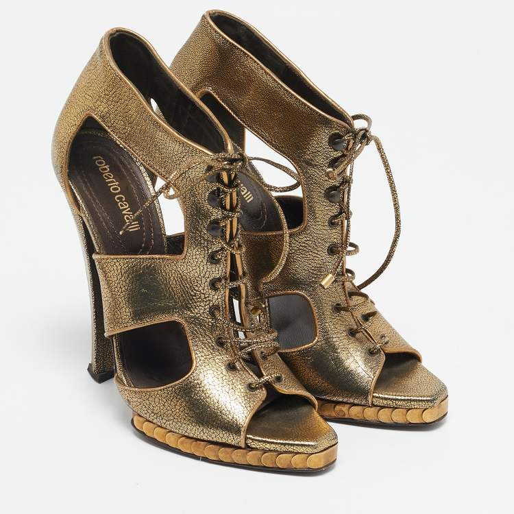 Pre Owned Roberto Cavalli Gold Leather Cut Out Lace Up Booties Size 39