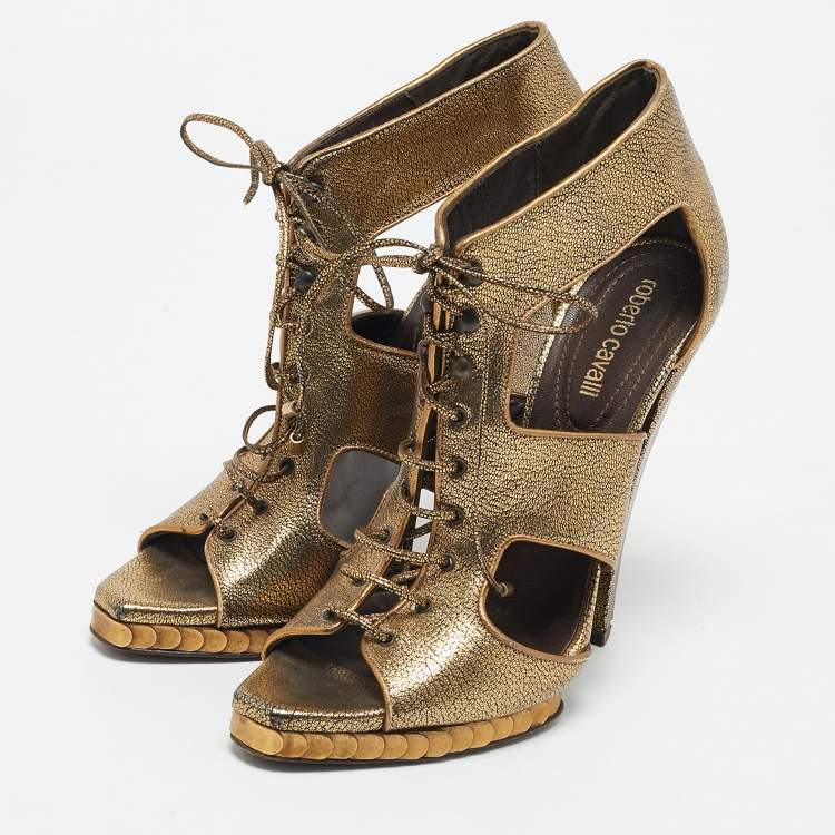 Pre Owned Roberto Cavalli Gold Leather Cut Out Lace Up Booties Size 39
