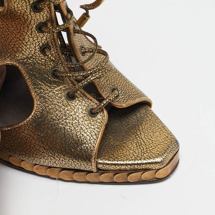 Pre Owned Roberto Cavalli Gold Leather Cut Out Lace Up Booties Size 39
