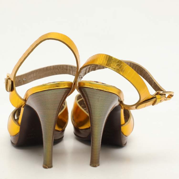 Pre Owned Roberto Cavalli Gold Leather Open Toe Ankle Strap Sandals Size 35.5