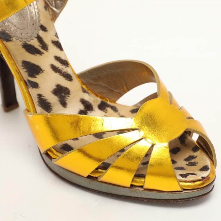 Pre Owned Roberto Cavalli Gold Leather Open Toe Ankle Strap Sandals Size 35.5