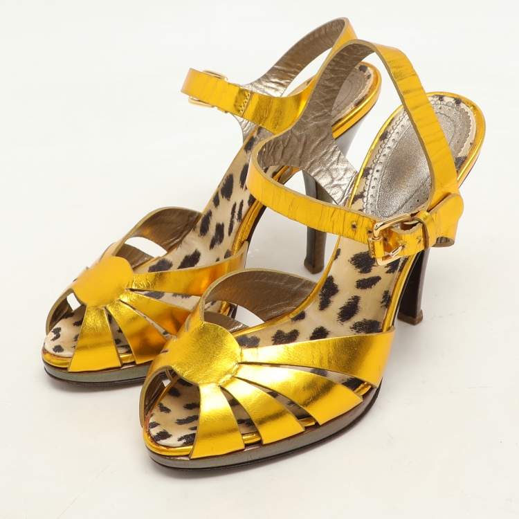 Pre Owned Roberto Cavalli Gold Leather Open Toe Ankle Strap Sandals Size 35.5