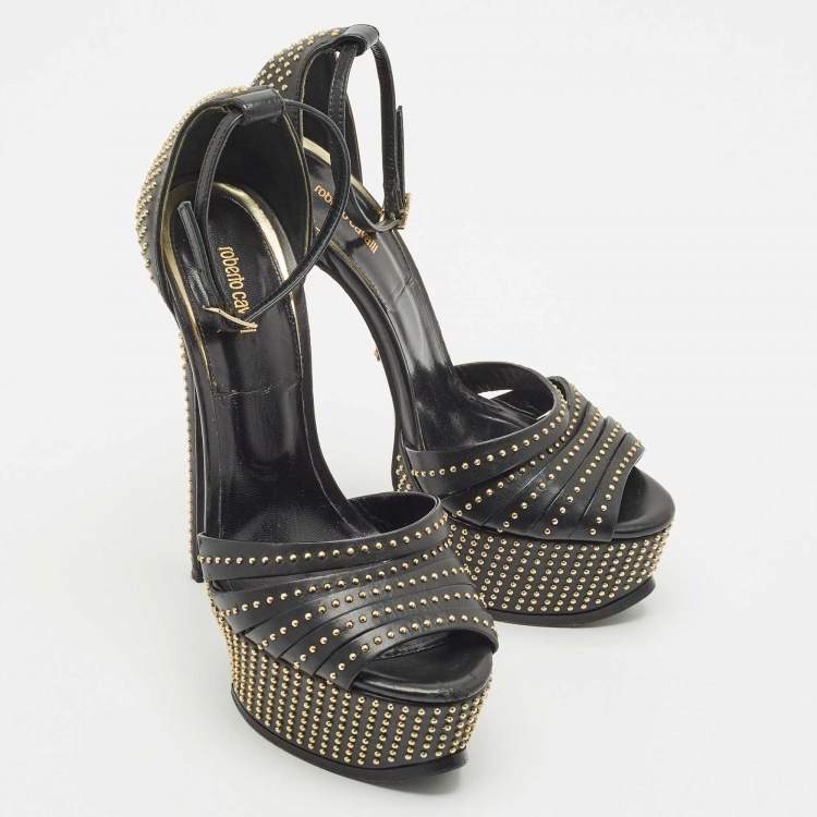 Pre Owned Roberto Cavalli Black Leather Studded Platform Sandals Size 36