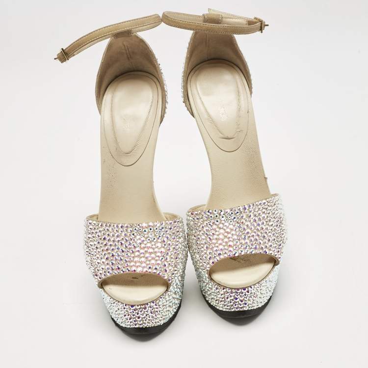 Pre Owned Roberto Cavalli Beige Suede Crystals Embellished Platform Sandals Size 36