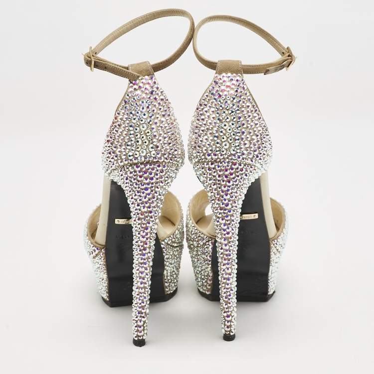 Pre Owned Roberto Cavalli Beige Suede Crystals Embellished Platform Sandals Size 36