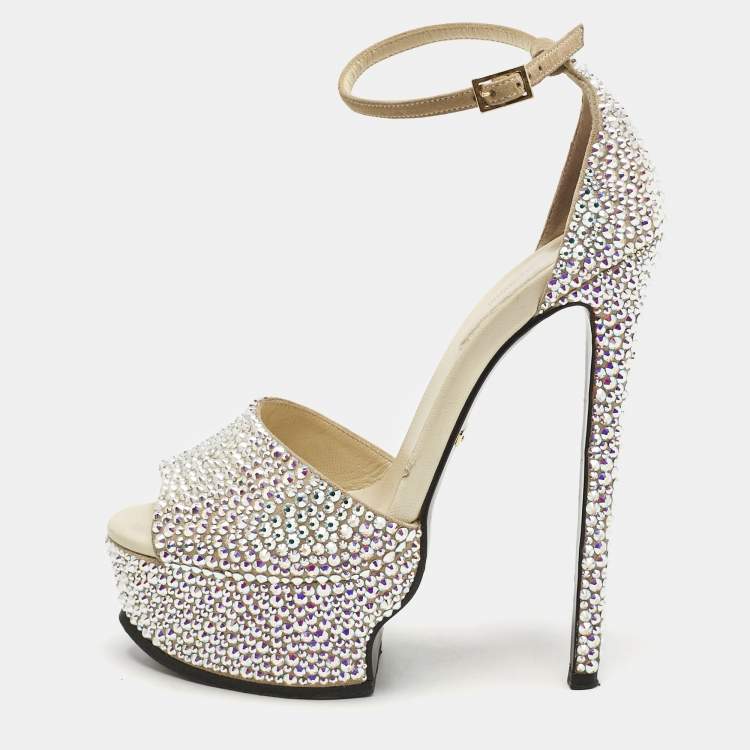 Pre Owned Roberto Cavalli Beige Suede Crystals Embellished Platform Sandals Size 36