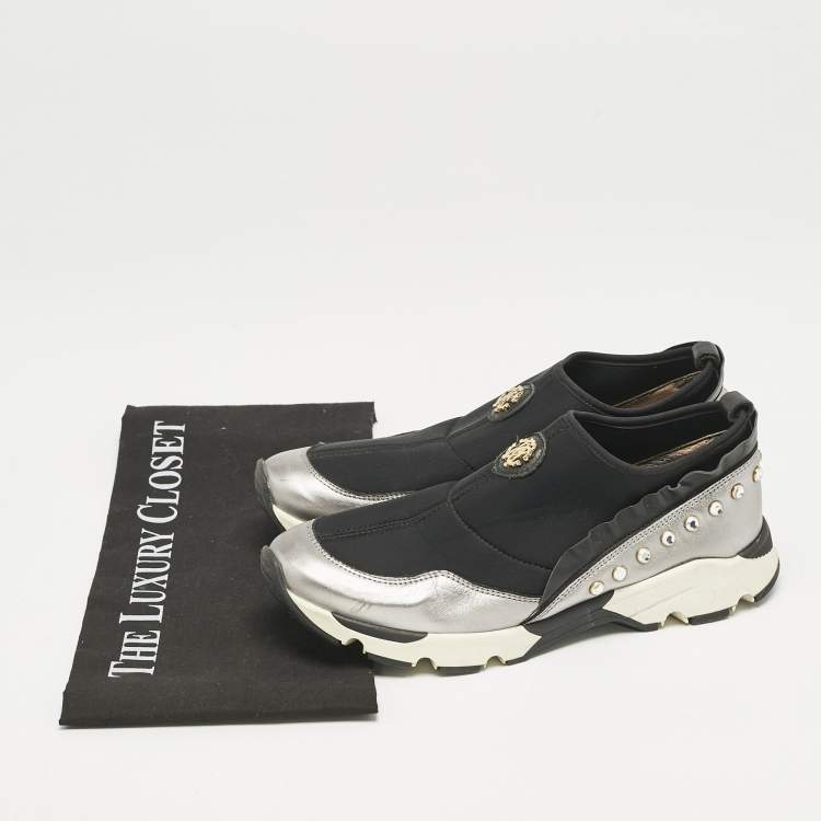 Pre Owned Roberto Cavalli Black/Silver Nylon and Leather Crystal Embellished Slip On Sneakers Size 38