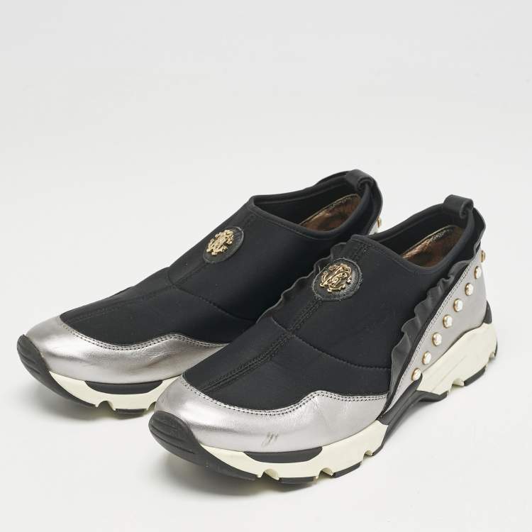 Pre Owned Roberto Cavalli Black/Silver Nylon and Leather Crystal Embellished Slip On Sneakers Size 38