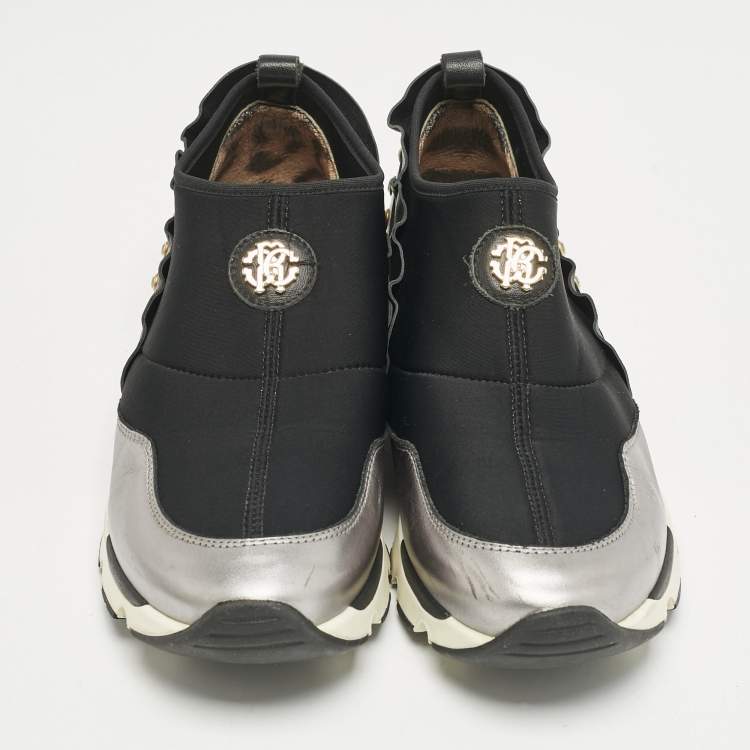 Pre Owned Roberto Cavalli Black/Silver Nylon and Leather Crystal Embellished Slip On Sneakers Size 38
