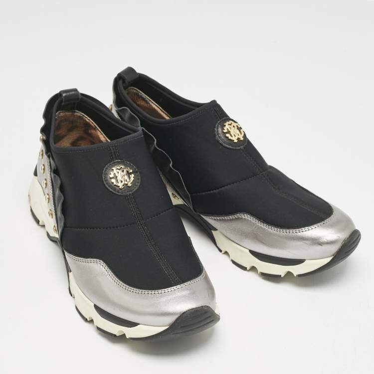 Pre Owned Roberto Cavalli Black/Silver Nylon and Leather Crystal Embellished Slip On Sneakers Size 38