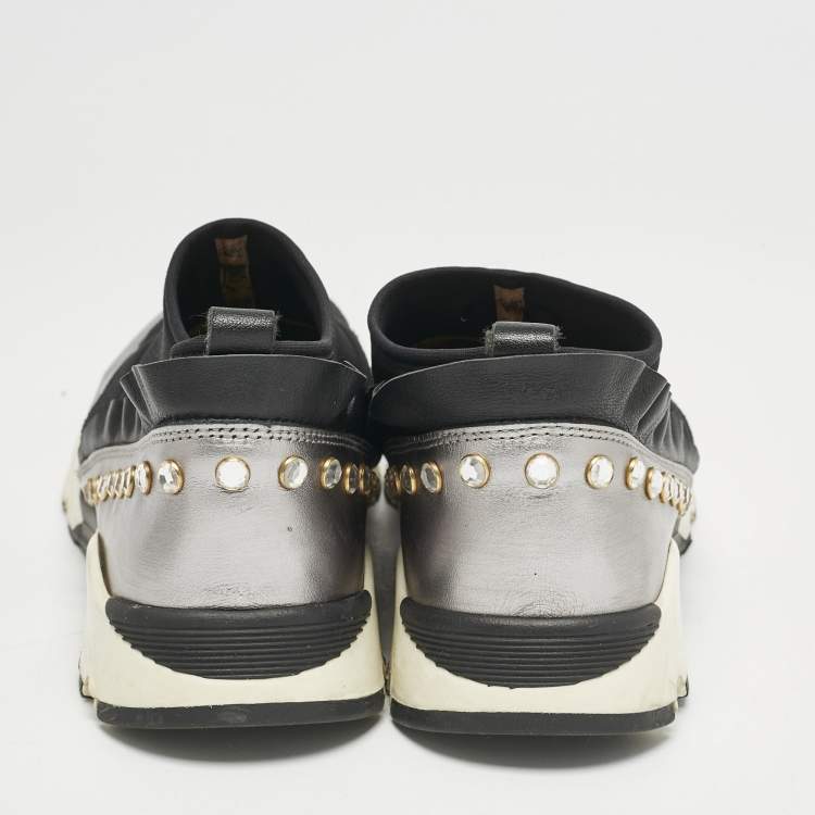 Pre Owned Roberto Cavalli Black/Silver Nylon and Leather Crystal Embellished Slip On Sneakers Size 38