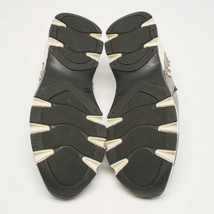Pre Owned Roberto Cavalli Black/Silver Nylon and Leather Crystal Embellished Slip On Sneakers Size 38