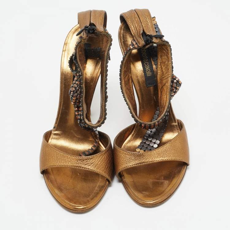 Pre Owned Roberto Cavalli Gold Leather Crystal Embellished Ankle Strap Sandals Size 36