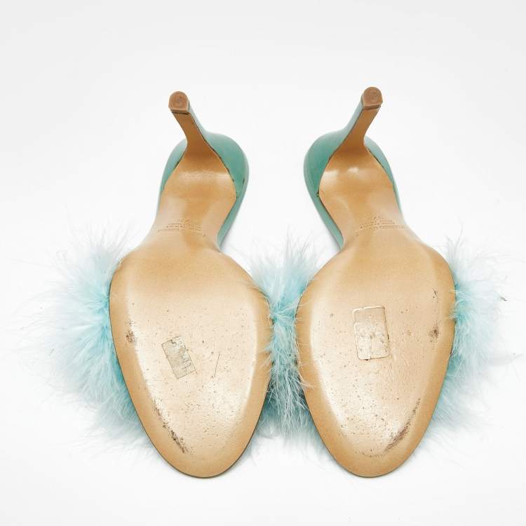 Pre Owned Roberto Cavalli Blue Feather and Leather Leopard Print Slide Sandals Size 37.5