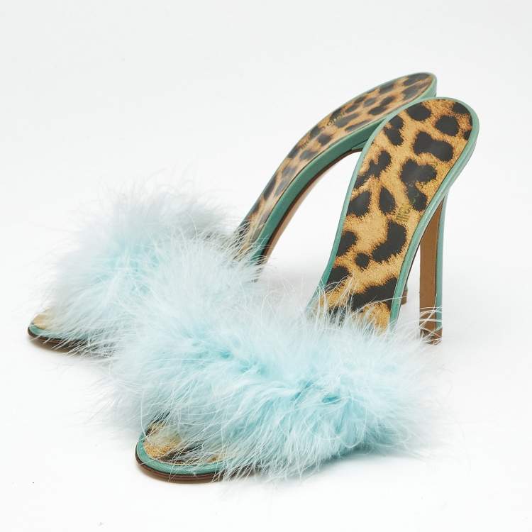 Pre Owned Roberto Cavalli Blue Feather and Leather Leopard Print Slide Sandals Size 37.5