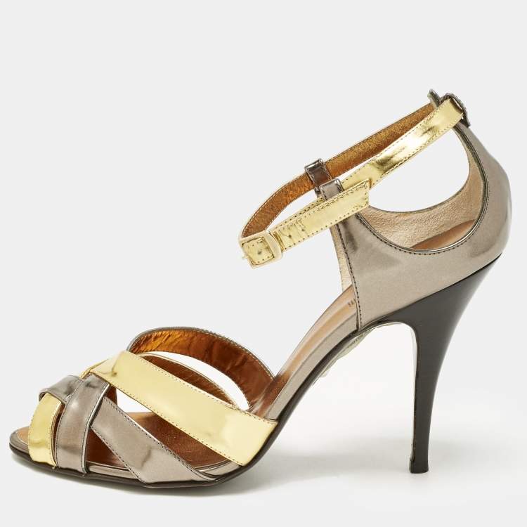 Pre Owned Roberto Cavalli Metallic Gold/Grey Patent Leather Strappy Ankle Strap Sandals Size 40