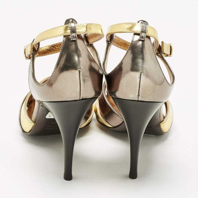 Pre Owned Roberto Cavalli Metallic Gold/Grey Patent Leather Strappy Ankle Strap Sandals Size 40