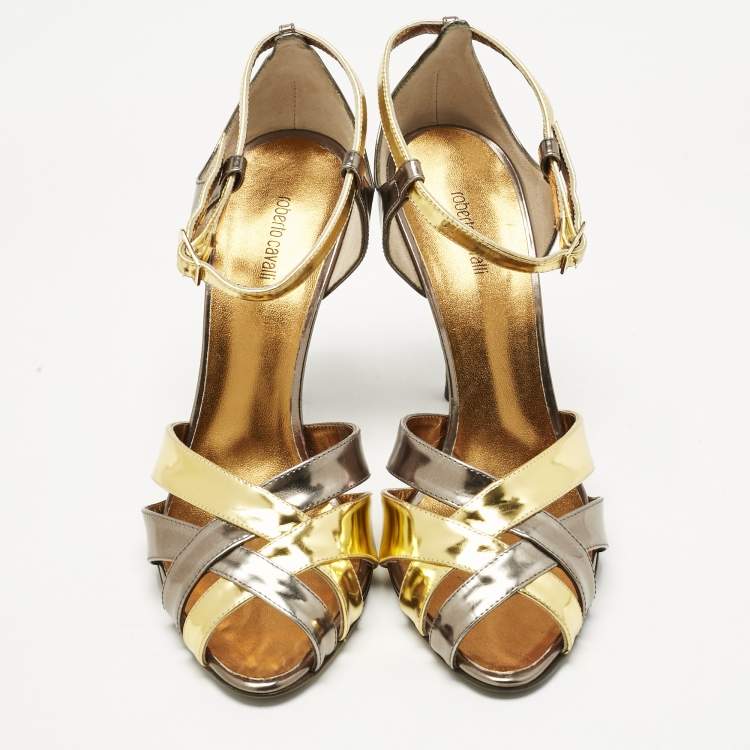 Pre Owned Roberto Cavalli Metallic Gold/Grey Patent Leather Strappy Ankle Strap Sandals Size 40