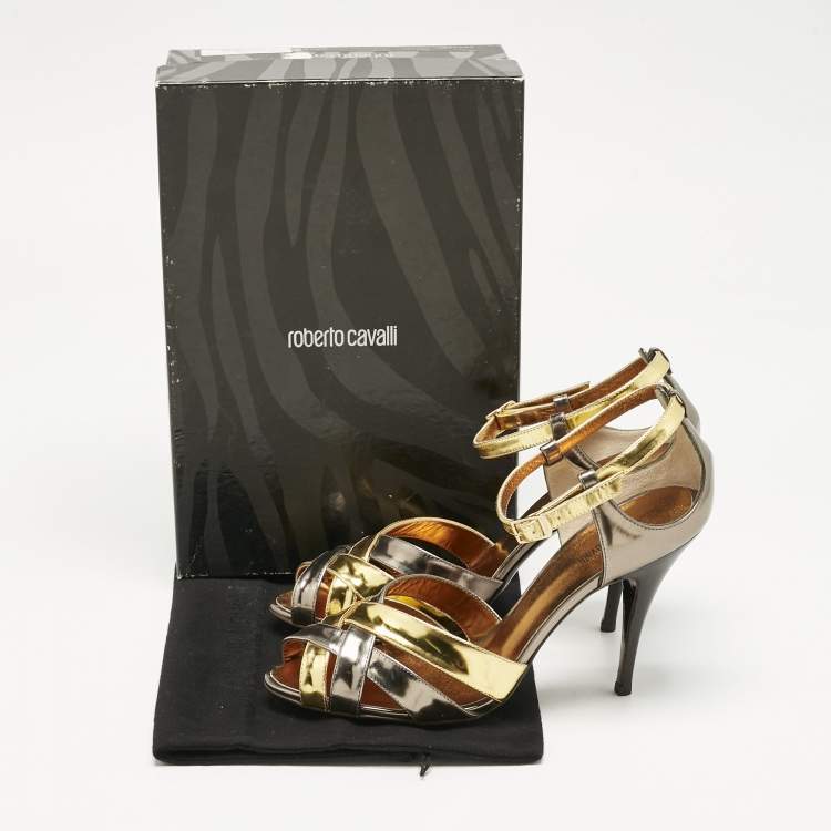Pre Owned Roberto Cavalli Metallic Gold/Grey Patent Leather Strappy Ankle Strap Sandals Size 40