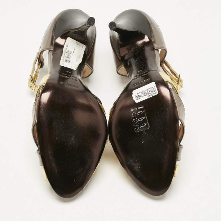 Pre Owned Roberto Cavalli Metallic Gold/Grey Patent Leather Strappy Ankle Strap Sandals Size 40