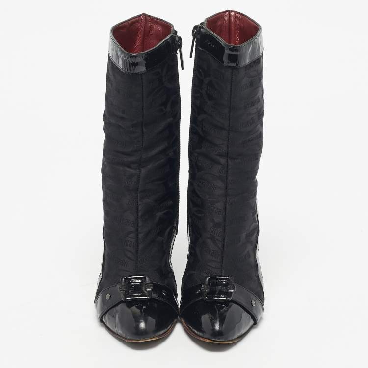 Pre Owned Roberto Cavalli Black Monogram Nylon and Patent Leather Buckle Ankle Length Boots Size 37
