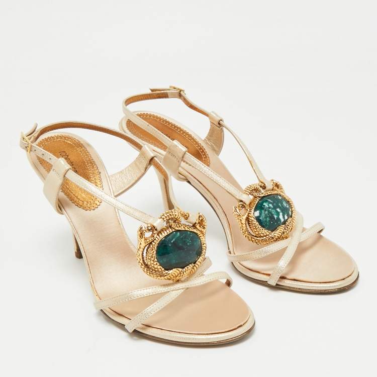 Pre Owned Roberto Cavalli Beige Leather Crystals Embellished Ankle Strap Sandals Size 39