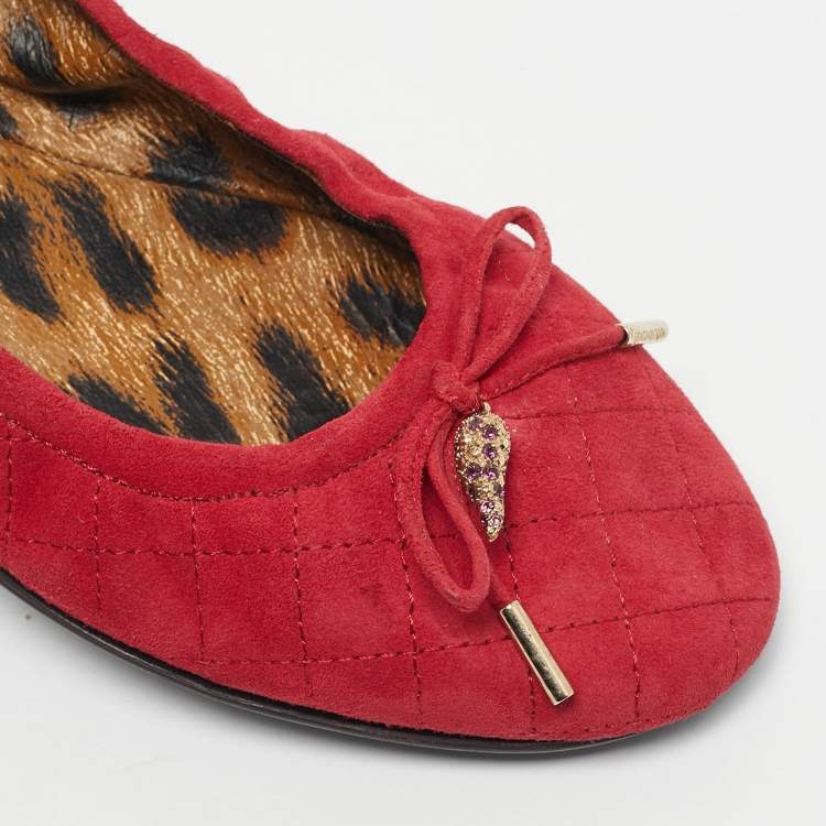 Pre Owned Roberto Cavalli Red Suede Scrunch Ballet Flats Size 39