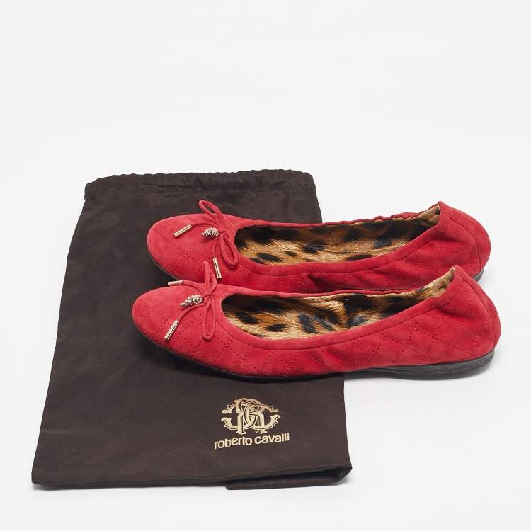 Pre Owned Roberto Cavalli Red Suede Scrunch Ballet Flats Size 39