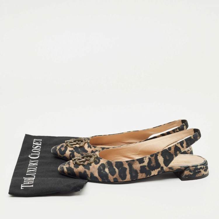 Pre Owned Roberto Cavalli Brown/Black Canvas Leopard Print Slingback Flats Size 41
