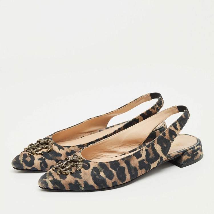 Pre Owned Roberto Cavalli Brown/Black Canvas Leopard Print Slingback Flats Size 41