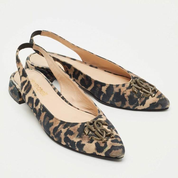 Pre Owned Roberto Cavalli Brown/Black Canvas Leopard Print Slingback Flats Size 41