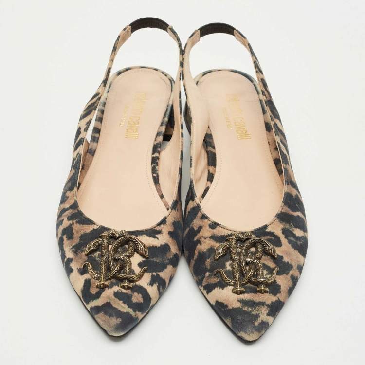 Pre Owned Roberto Cavalli Brown/Black Canvas Leopard Print Slingback Flats Size 41