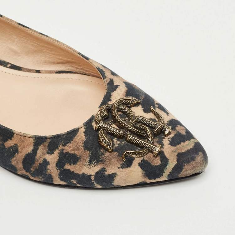 Pre Owned Roberto Cavalli Brown/Black Canvas Leopard Print Slingback Flats Size 41