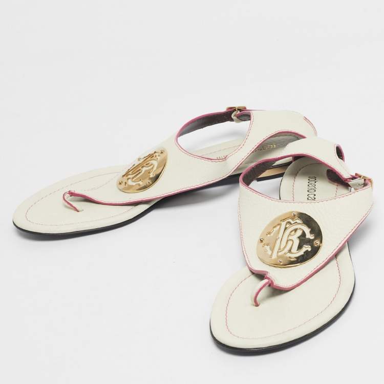 Pre Owned Roberto Cavalli White/Pink Leather Gold Logo Thong Flat Sandals Size 39