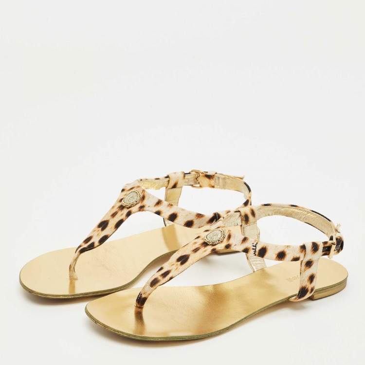 Pre Owned Roberto Cavalli Two Tone Canvas Thong Flat Slides Size 39