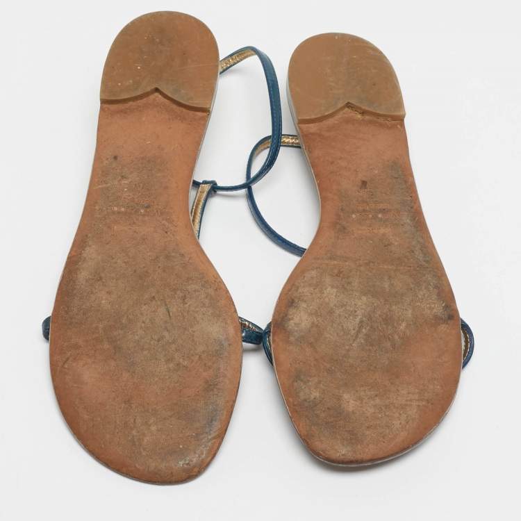 Pre Owned Roberto Cavalli Blue Patent Leather Embellished Thong Flat Sandals Size 39