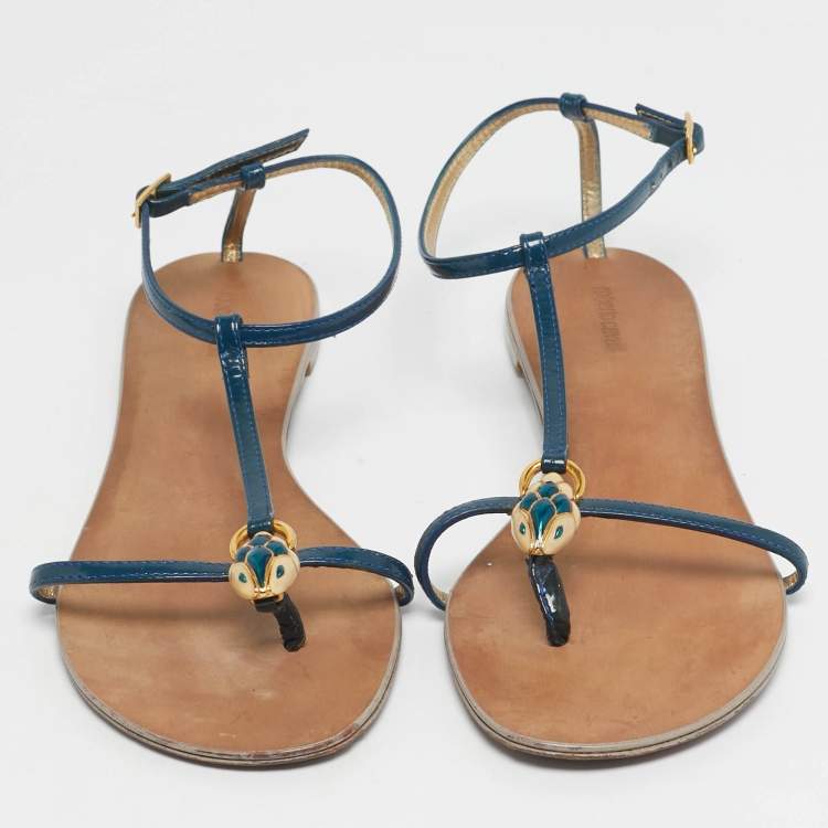 Pre Owned Roberto Cavalli Blue Patent Leather Embellished Thong Flat Sandals Size 39