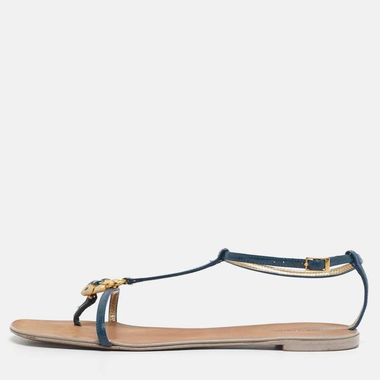 Pre Owned Roberto Cavalli Blue Patent Leather Embellished Thong Flat Sandals Size 39