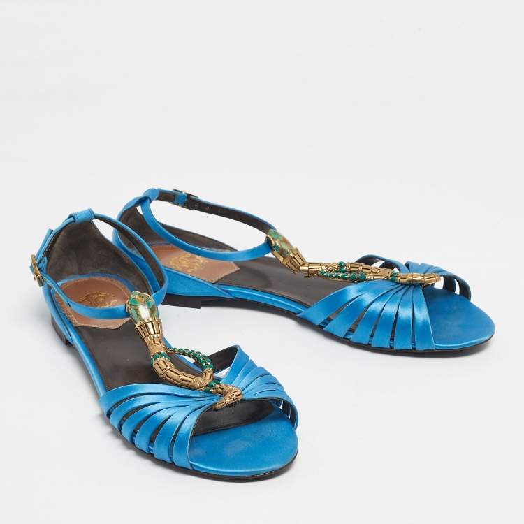 Pre Owned Roberto Cavalli Blue Satin snake Logo T-Strap Flat Sandals Size 39