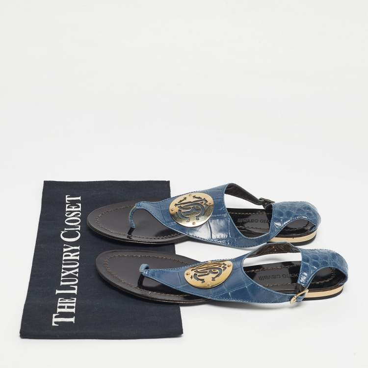 Pre Owned Roberto Cavalli Blue Croc Embossed Leather Thong Ankle Strap Flat Sandals Size 39