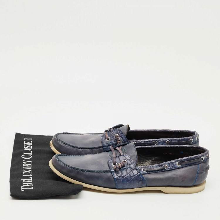 Pre Owned Roberto Cavalli Blue Crocodile Leather and Leather Loafers Size 45