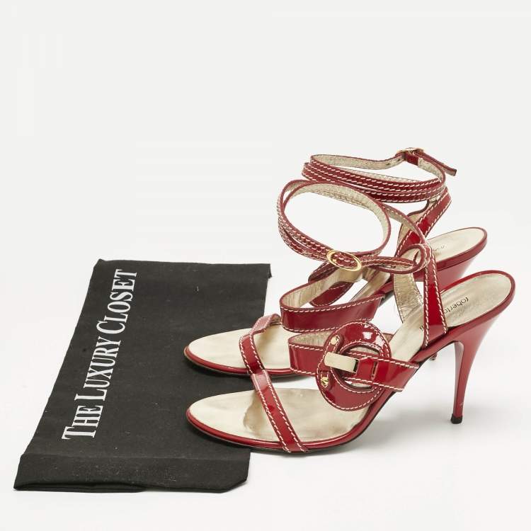 Pre Owned Roberto Cavalli Red Patent Leather Ankle Wrap Sandals Size 38