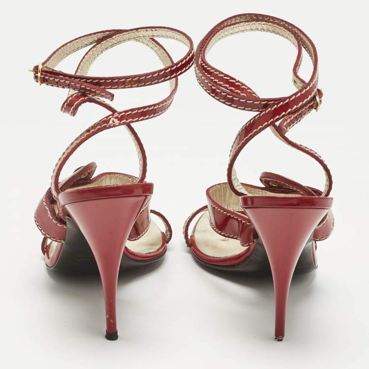 Pre Owned Roberto Cavalli Red Patent Leather Ankle Wrap Sandals Size 38