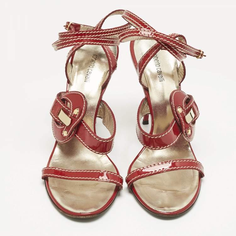 Pre Owned Roberto Cavalli Red Patent Leather Ankle Wrap Sandals Size 38