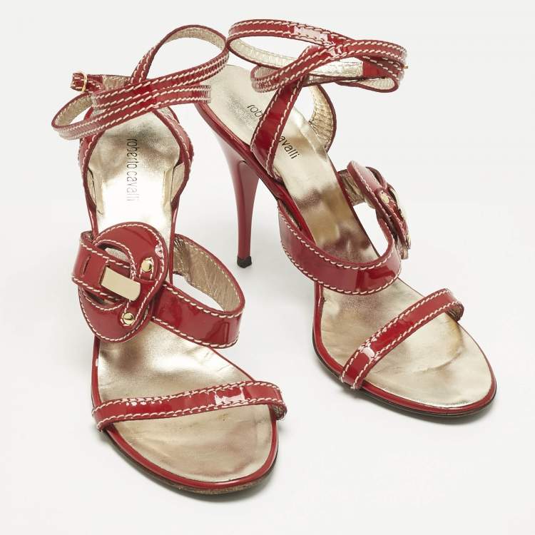 Pre Owned Roberto Cavalli Red Patent Leather Ankle Wrap Sandals Size 38